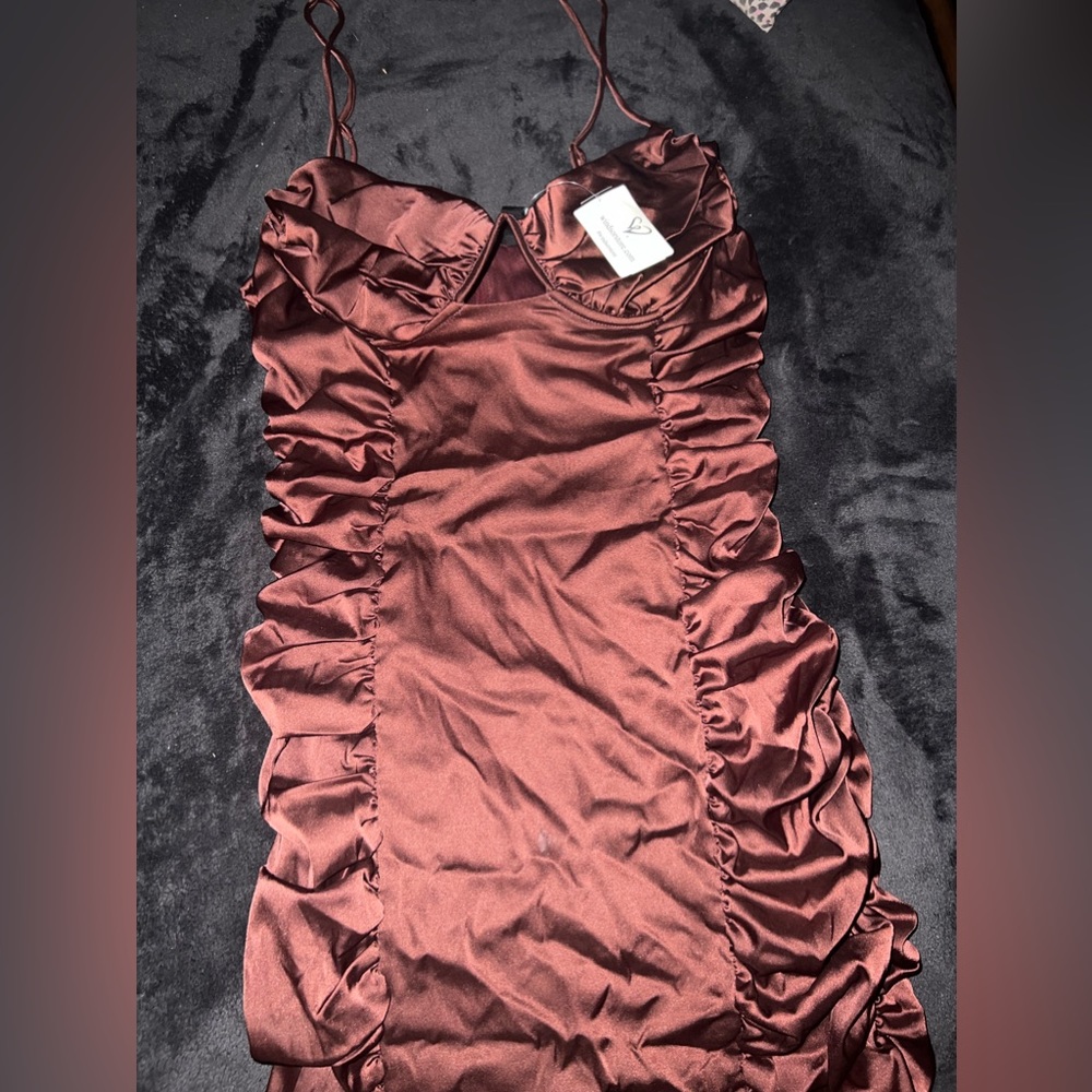 Brown satin body con dress